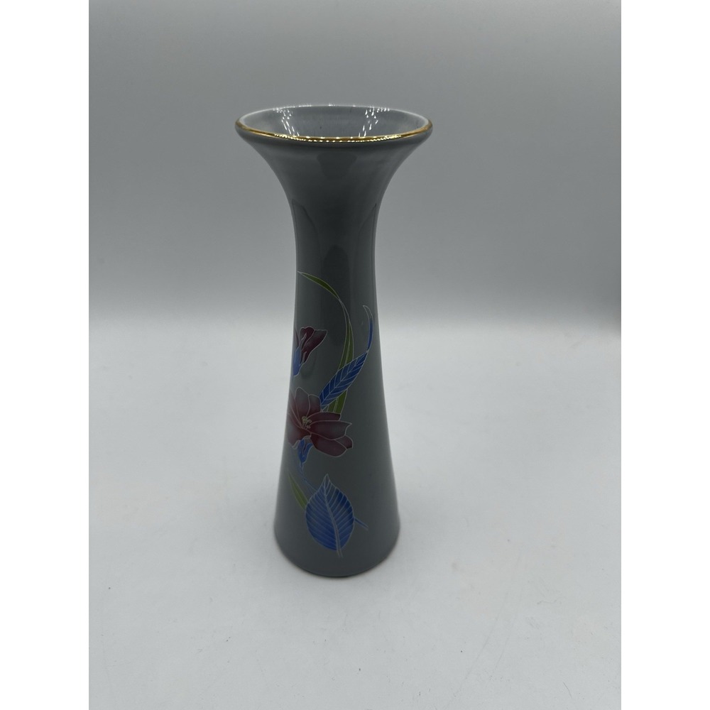 Gray Porcelain Bud Vase Gold Rim Floral‎ Lily Vintage Decorative